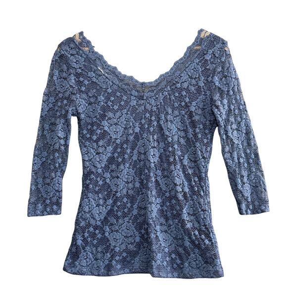 BOSTON PROPER Blue Lace Empire Waist Long Sleeve Top Size M Coquette Girly Glam - Picture 2 of 9